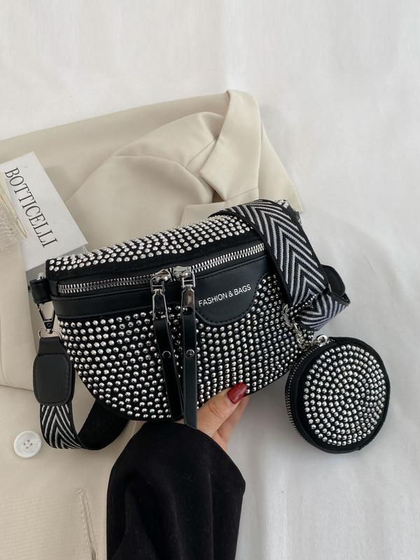 Women's Simple Trendy Fashion Rivet Design Zipper Chest Bag with Coin Purse Set (2pcs), Casual Versatile High-quality Daily Commuting Bag Set, Girl Fashionable Shopping Bag