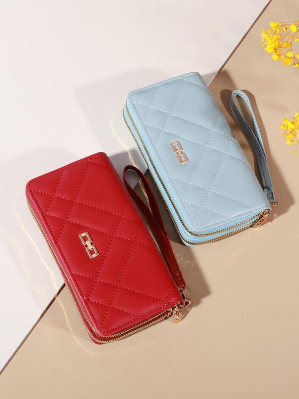 Women's Elegant Quilted Pu Leather Long Wallet, Casual Trendy Multiple Card Slots Zipper Wallet, Simple Style Plain Color Wristlet Wallet for Daily Use