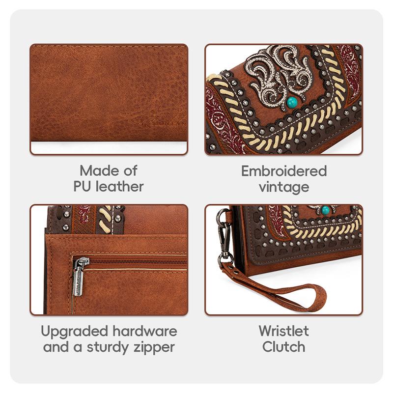 Montana West Embroidered Women Wallet Snap-enclosed Wristlet Clutch with Multi Slots for Credit Cards Suitable for Dating Banquet