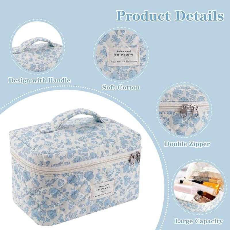 Quilted Makeup Bag Set, 3 count Cotton Floral Makeup Bag, Large Toiletry Travel  Bag for Women