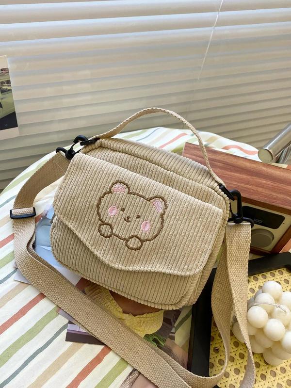 Cute Cartoon Bear Pattern Corduroy Handbag,  Casual Zipper Design with Pocket for Women & Girls, Trendy Versatile High-quality Daily Commuting Bag