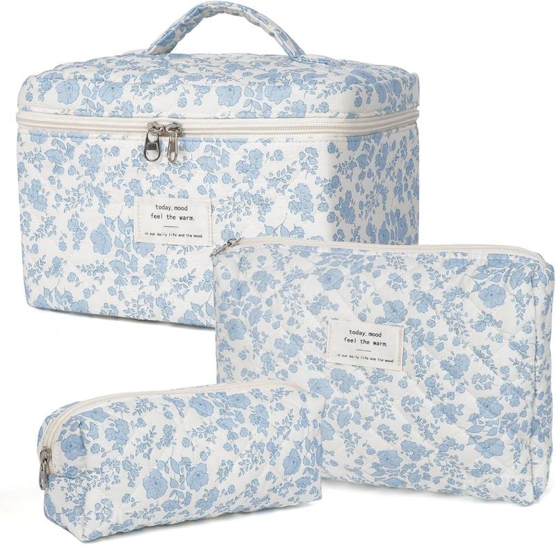 Quilted Makeup Bag Set, 3 count Cotton Floral Makeup Bag, Large Toiletry Travel  Bag for Women