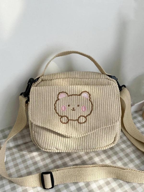 Cute Cartoon Bear Pattern Corduroy Handbag,  Casual Zipper Design with Pocket for Women & Girls, Trendy Versatile High-quality Daily Commuting Bag