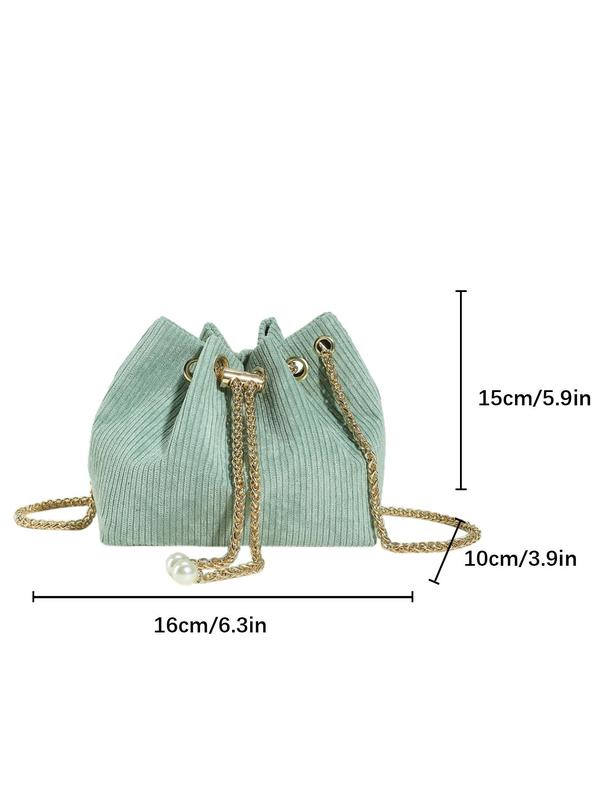 Women's Fashionable Faux Pearl Chain Design Corduroy Drawstring Crossbody Bag, Casual Solid Color Shoulder Bag for Daily Used, Trendy All-match Commuter Bag