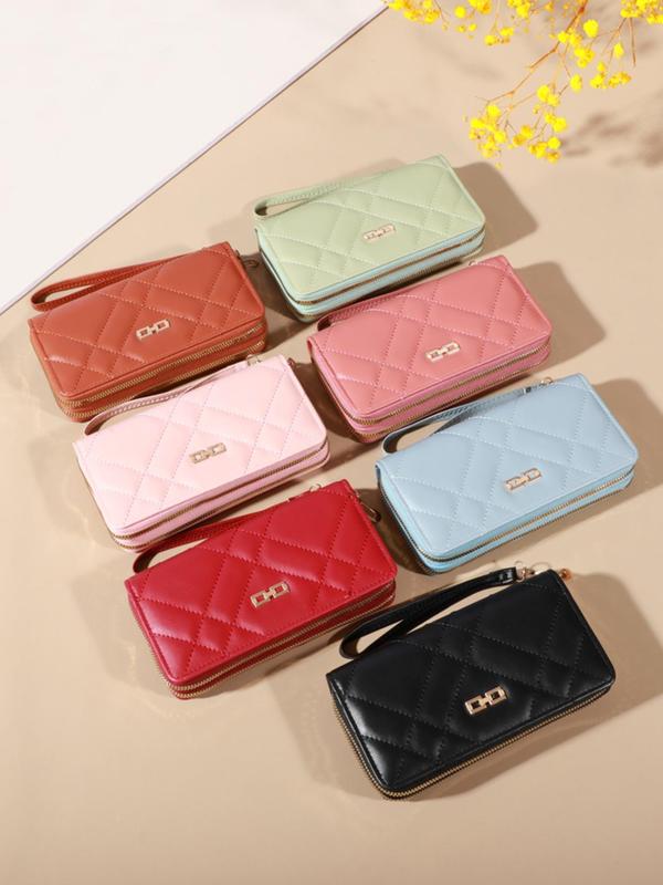 Women's Elegant Quilted Pu Leather Long Wallet, Casual Trendy Multiple Card Slots Zipper Wallet, Simple Style Plain Color Wristlet Wallet for Daily Use