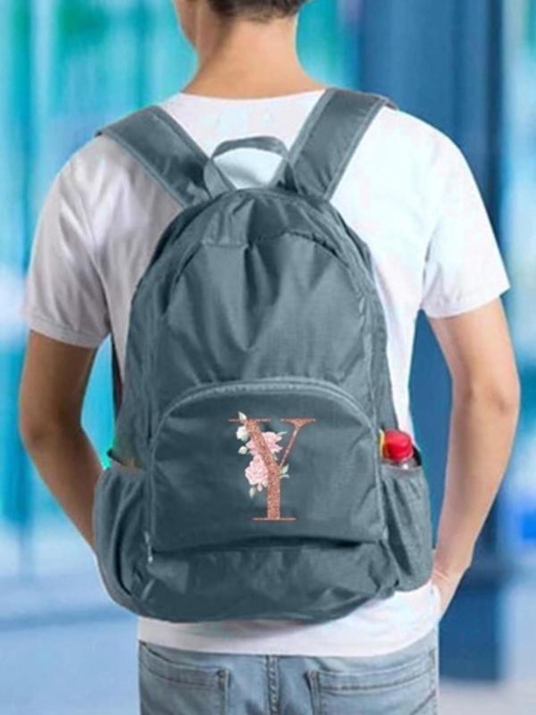 Casual Letter Label Decor Zipper Backpack, Outdoor Travel Sports Run Day Bag Organizer, Camping Hike Rose Gold 26 Initials Printed Ultralight Foldable Bag