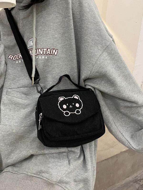 Cute Cartoon Bear Pattern Corduroy Handbag,  Casual Zipper Design with Pocket for Women & Girls, Trendy Versatile High-quality Daily Commuting Bag