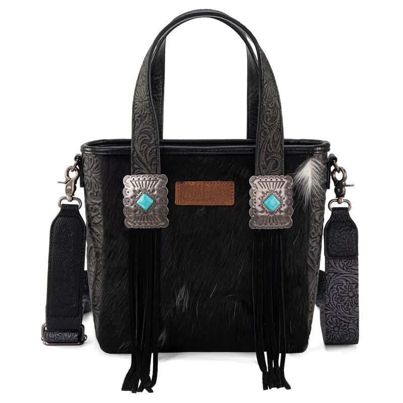 Wrangler Hair-On Cowhide Tote Bag for Women Western Handbag Floral Tooling Patterns
