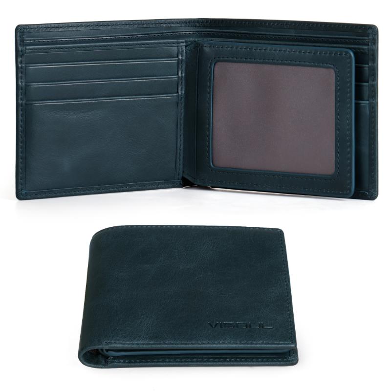 VISOUL Men's Double Fold Leather RFID Shielded Wallet With 2 ID Windows, Soft Leather Cardholder Wallet With 2 Cash Compartments, Men's Wallet, Men's Business Wallet