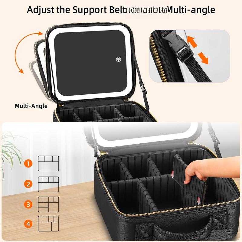 Travel Makeup Bag with Mirror of LED Lighted, Makeup Train Case with Adjustable Dividers, Makeup Case with Mirror and Detachable 10x Magnifying Mirror