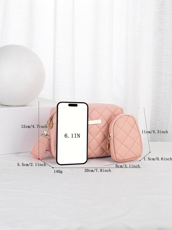 Women's Fashion Quilted Crossbody Bag with Small Wallet, 2pcs Casual Zipper Shoulder Bag for Women & Girls, Trendy Versatile High-quality Daily Commuting Bag