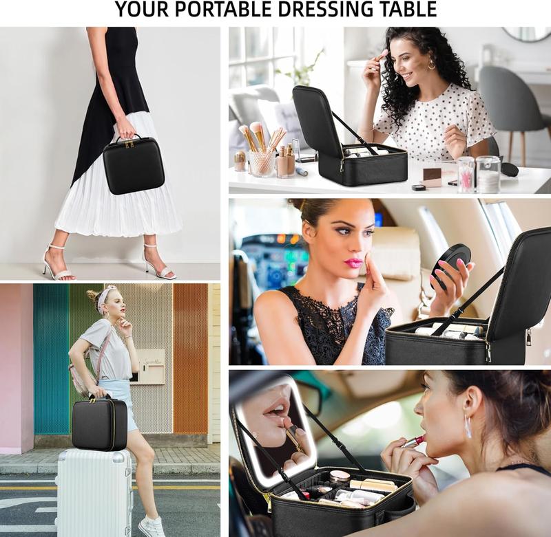 Travel Makeup Bag with Mirror of LED Lighted, Makeup Train Case with Adjustable Dividers, Makeup Case with Mirror and Detachable 10x Magnifying Mirror