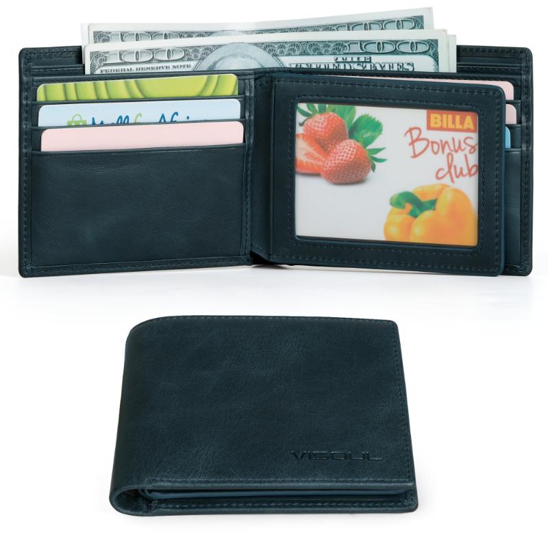 VISOUL Men's Double Fold Leather RFID Shielded Wallet With 2 ID Windows, Soft Leather Cardholder Wallet With 2 Cash Compartments, Men's Wallet, Men's Business Wallet