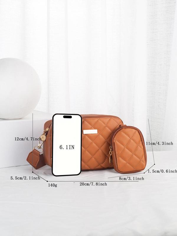 Women's Fashion Quilted Crossbody Bag with Small Wallet, 2pcs Casual Zipper Shoulder Bag for Women & Girls, Trendy Versatile High-quality Daily Commuting Bag