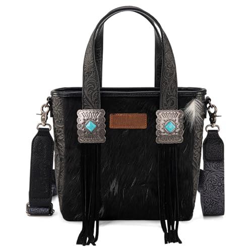 Wrangler Hair-On Cowhide Tote Bag for Women Western Handbag Floral Tooling Patterns