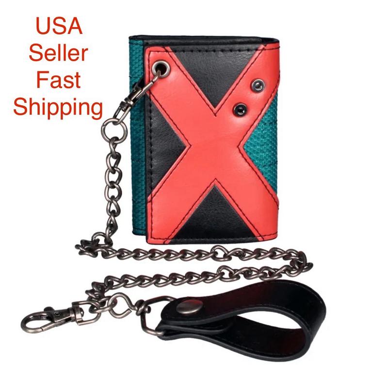 Anime Wallet - Katsuki Bakugo Chain Wallet with Strap Kacchan Style Design Themed Costume Cosplay Wallet MHA Trifold Manga Short Wallet All For One and One for All PU Leather Wallet Cash Credit Card Picture ID Holder