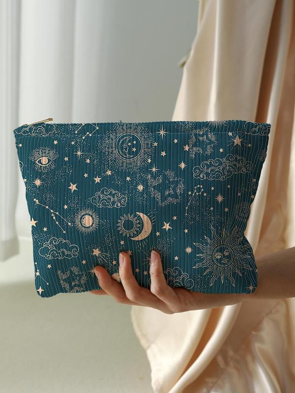 Cute Star & Moon Pattern Corduroy Makeup Bag, Lightweight Multifunctional Cosmetic Storage Bag, Casual Versatile Zipper Makeup Bag for Travel & Daily Use