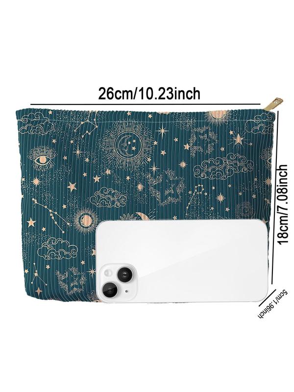 Cute Star & Moon Pattern Corduroy Makeup Bag, Lightweight Multifunctional Cosmetic Storage Bag, Casual Versatile Zipper Makeup Bag for Travel & Daily Use