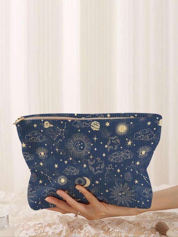 Cute Star & Moon Pattern Corduroy Makeup Bag, Lightweight Multifunctional Cosmetic Storage Bag, Casual Versatile Zipper Makeup Bag for Travel & Daily Use