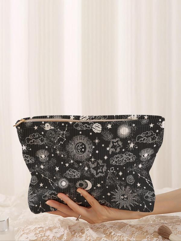 Cute Star & Moon Pattern Corduroy Makeup Bag, Lightweight Multifunctional Cosmetic Storage Bag, Casual Versatile Zipper Makeup Bag for Travel & Daily Use