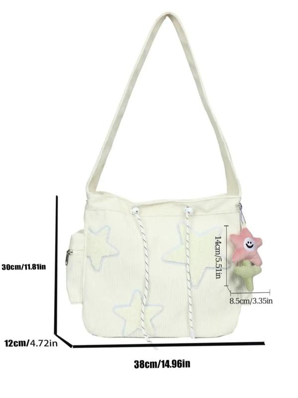 Women's Random Star Patched Drawstring Crossbody Bag with Cartoon Charm, Large Capacity Shoulder Bag for Daily Used, Daily Commuting Bag, Girl Bag 2024