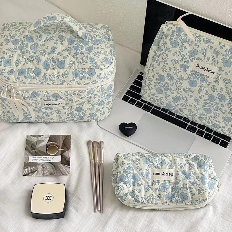 3Pcs Cotton Quited Makeup Bag Set, Quilted Makeup Bag, Large Floral Cosmetic Bag for Women, Cute Cotton Makeup Bags, Flower Travel Toiletry Organizer Bag