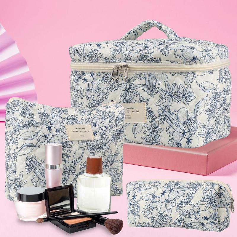 Cute Makeup Bag for Women(3 Pcs), Travel Cosmetic Bags, Quilted Coquette Aesthetic Floral Toiletry Organizer Bag