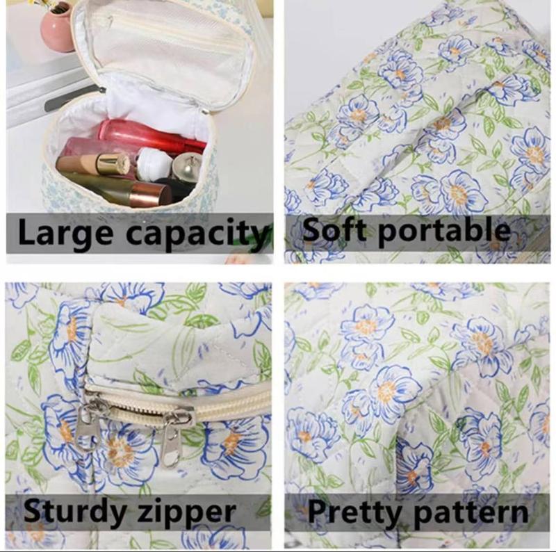 3Pcs Cotton Quited Makeup Bag Set, Quilted Makeup Bag, Large Floral Cosmetic Bag for Women, Cute Cotton Makeup Bags, Flower Travel Toiletry Organizer Bag