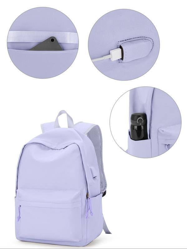 Casual Plain Zipper Backpack, Lightweight Waterproof Backpack with USB Charging Port, Versatile Backpack for School & Travel