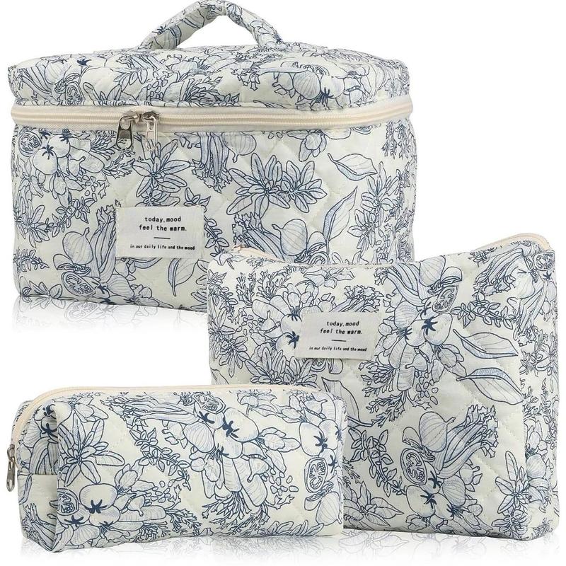 3Pcs Cotton Quited Makeup Bag Set, Quilted Makeup Bag, Large Floral Cosmetic Bag for Women, Cute Cotton Makeup Bags, Flower Travel Toiletry Organizer Bag