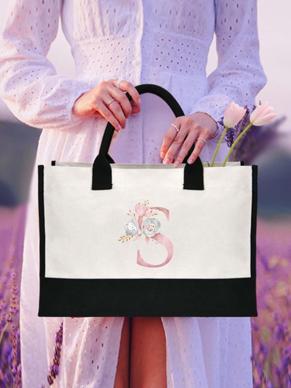 Women's Floral & Letter Pattern Contrast Binding Tote Bag, Casual Large Capacity Shoulder Bag for Daily Used, Trendy All-match Bag for Women