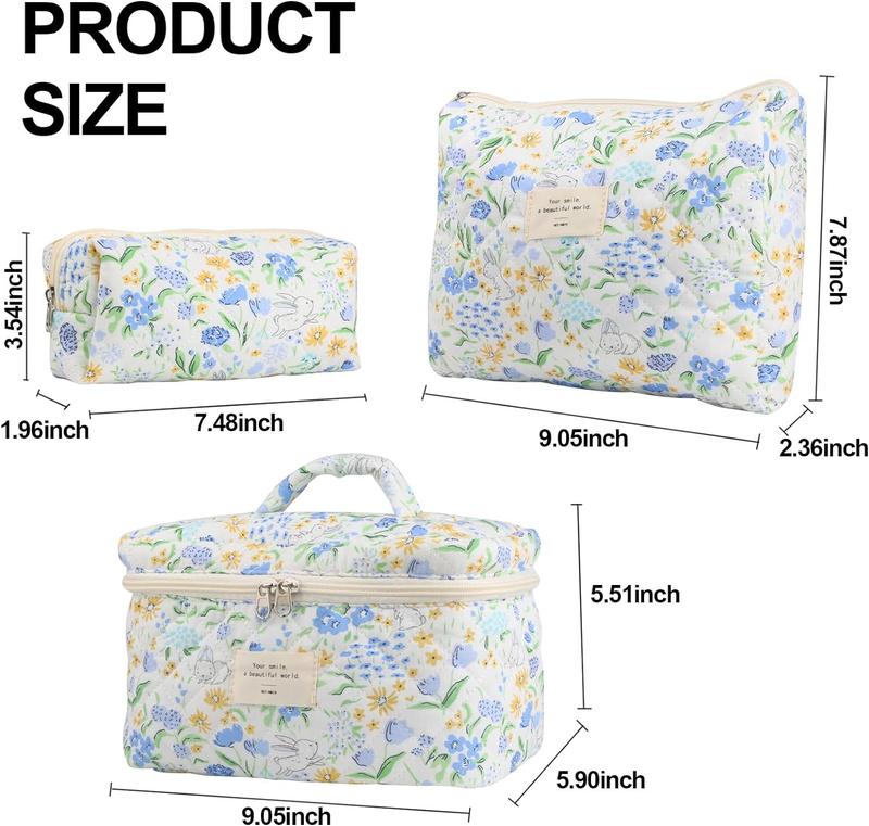 Cute Makeup Bag for Women(3 Pcs), Quilted Floral Coquette Aesthetic Make up Bags, Travel Cosmetic Bags Toiletry Organizer Bag(Blue Flower)