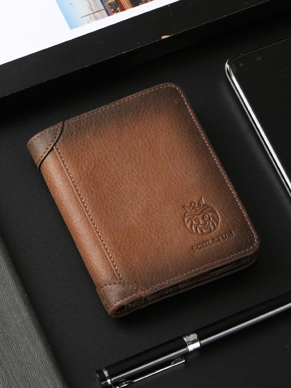 Men's Vintage Lion Decor Rfid Blocking Short Wallet, Retro Large Capacity Credit Card Holder with Id Window & Sim Card Slot, Casual Business Cowhide Bifold Wallet