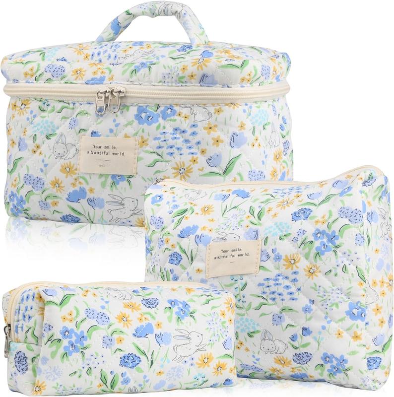 Cute Makeup Bag for Women(3 Pcs), Quilted Floral Coquette Aesthetic Make up Bags, Travel Cosmetic Bags Toiletry Organizer Bag(Blue Flower)