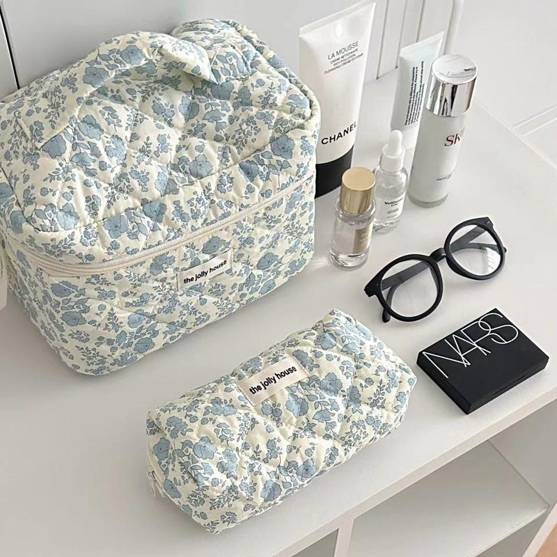 3Pcs Cotton Quited Makeup Bag Set, Quilted Makeup Bag, Large Floral Cosmetic Bag for Women, Cute Cotton Makeup Bags, Flower Travel Toiletry Organizer Bag