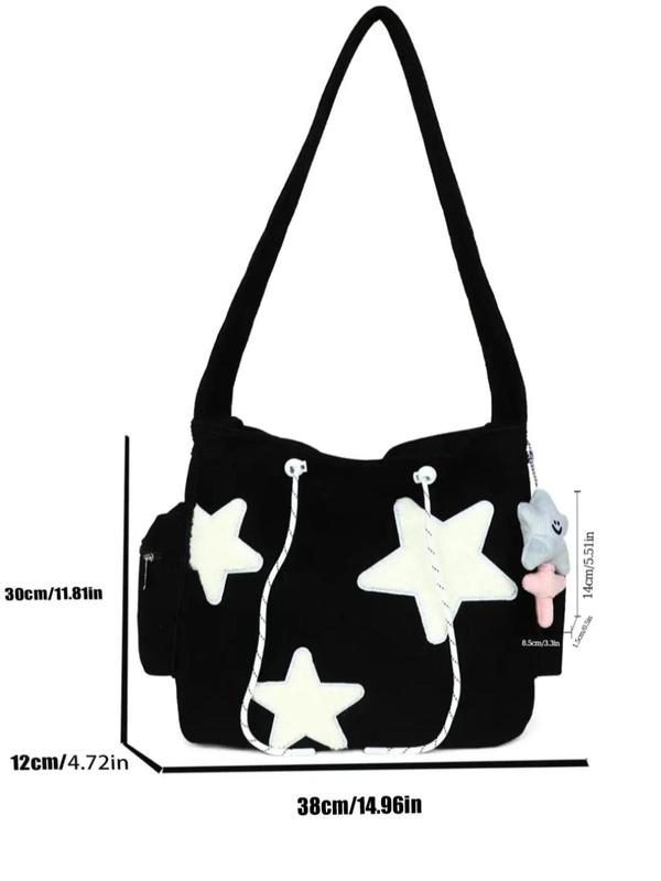 Women's Random Star Patched Drawstring Crossbody Bag with Cartoon Charm, Large Capacity Shoulder Bag for Daily Used, Daily Commuting Bag, Girl Bag 2024