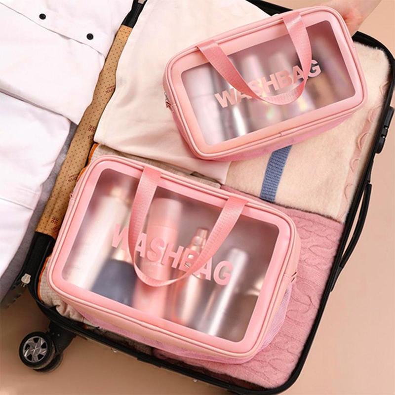 Translucent Zipper Makeup Bag with Handle, Portable Cosmetic Double Layer Summer Travel Washbag, Toiletry Bag, Facial Wash Tool Storage Bag, Trending Makeup Bag Products, Makeup Products