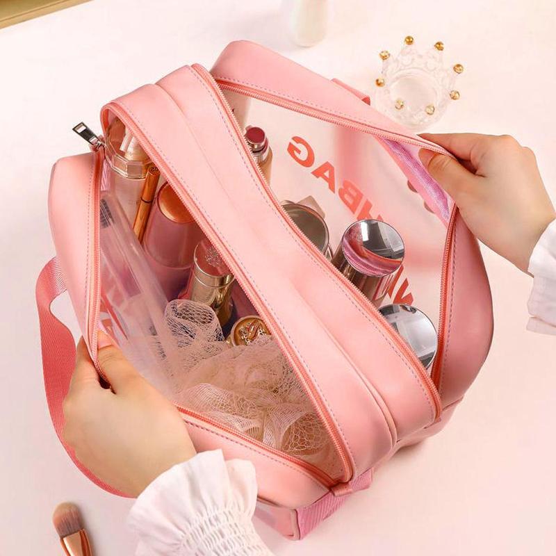 Translucent Zipper Makeup Bag with Handle, Portable Cosmetic Double Layer Summer Travel Washbag, Toiletry Bag, Facial Wash Tool Storage Bag, Trending Makeup Bag Products, Makeup Products