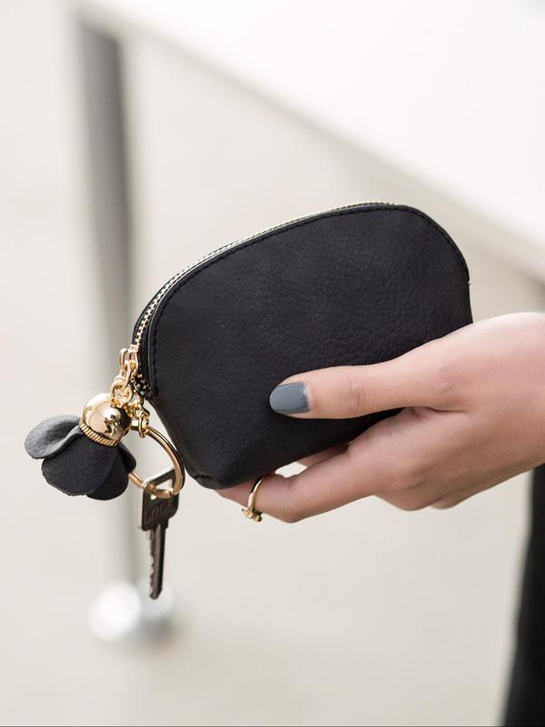 Women's Solid Color Zipper Coin Purse, Fashionable Coin Purse with Keychain Design for Women & Girls, Casual Versatile Small Wallet for Daily Used