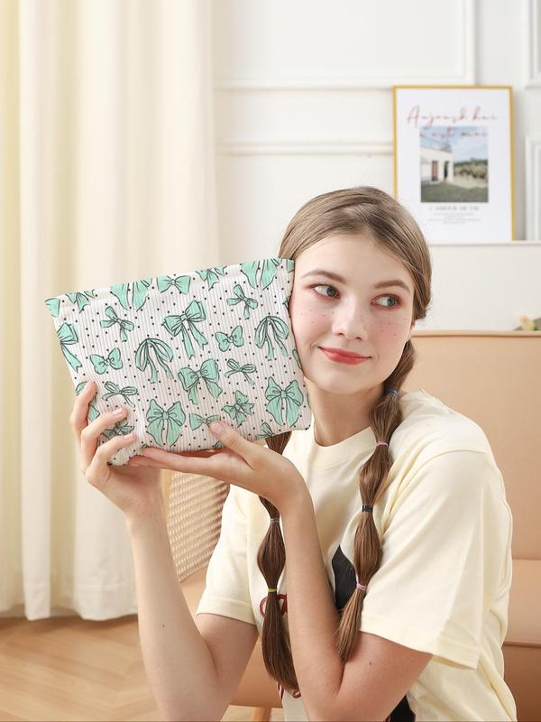 Cute Bowknot & Polka Dot Pattern Makeup Bag for School, Lightweight Multifunctional Cosmetic Storage Bag, Casual Versatile Zipper Corduroy Makeup Bag for Travel & Daily Use