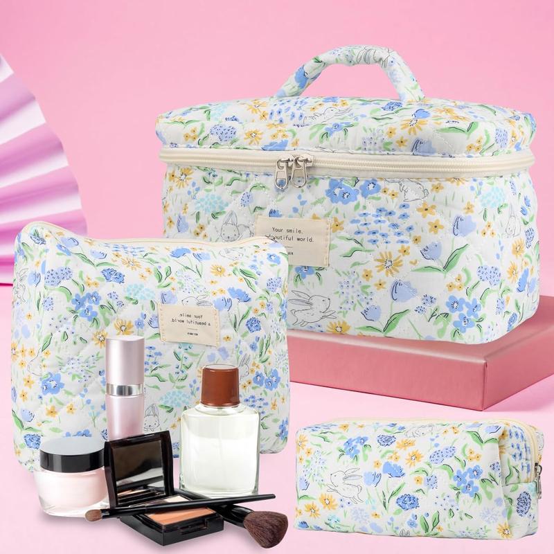 Cute Makeup Bag for Women(3 Pcs), Quilted Floral Coquette Aesthetic Make up Bags, Travel Cosmetic Bags Toiletry Organizer Bag(Blue Flower)