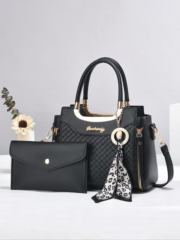 Women's Elegant Argyle Textured Handbag with Pendant & Coin Purse, Fashionable Large Capacity Crossbody Bag & Pouch, Casual Trendy Versatile High-quality Daily Commuting Bag Set