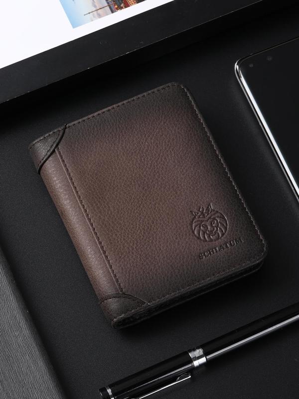 Men's Vintage Lion Decor Rfid Blocking Short Wallet, Retro Large Capacity Credit Card Holder with Id Window & Sim Card Slot, Casual Business Cowhide Bifold Wallet