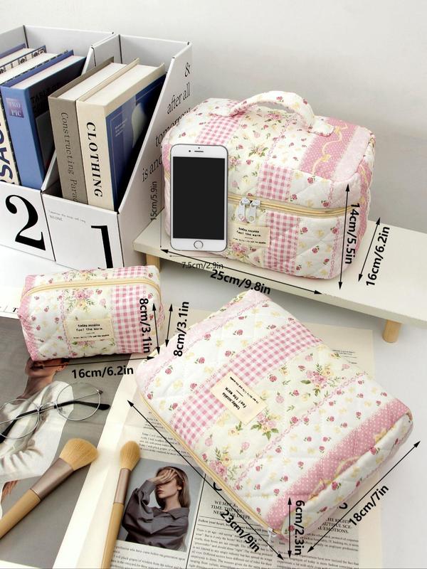 Floral & Plaid Pattern Cosmetic Organizer, Large Capacity Portable Cosmetics Brush Storage Clutch with Zipper Closure, Travel Cosmetic Bag Set