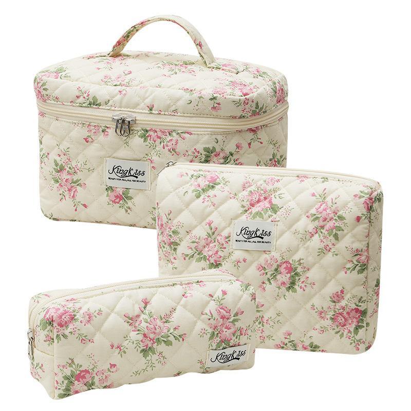 Floral Pattern Quilted Makeup Bag Set, 3 Counts Large Capacity Cosmetic Storage Bag, Zipper Makeup Organizer Pouch, Versatile Storage Bag for Makeup Tool