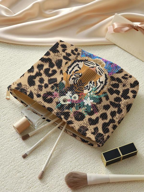 Fashion Leopard & Floral & Tiger Pattern Makeup Bag, Casual Versatile Cosmetic Storage Bag, Travel Makeup Bag for Women & Girls for Travel Use