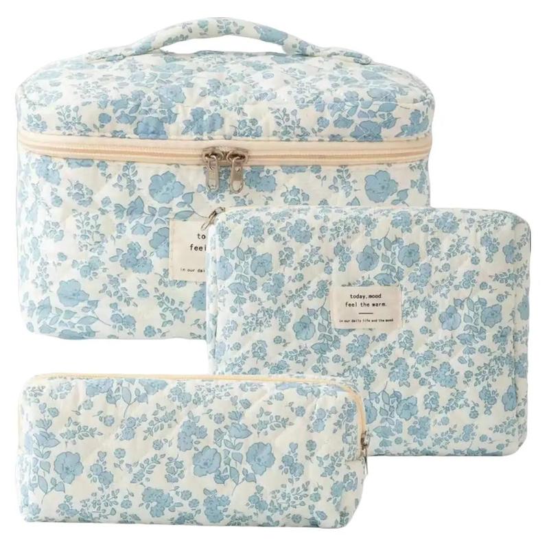 3Pcs Cotton Quited Makeup Bag Set, Quilted Makeup Bag, Large Floral Cosmetic Bag for Women, Cute Cotton Makeup Bags, Flower Travel Toiletry Organizer Bag