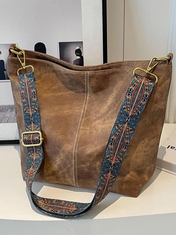 Women's Ethnic Pattern Strap Crossbody Bag, Fashionable PU Leather Bucket Bag, Simple Wide Strap Shoulder Bag for Daily Used