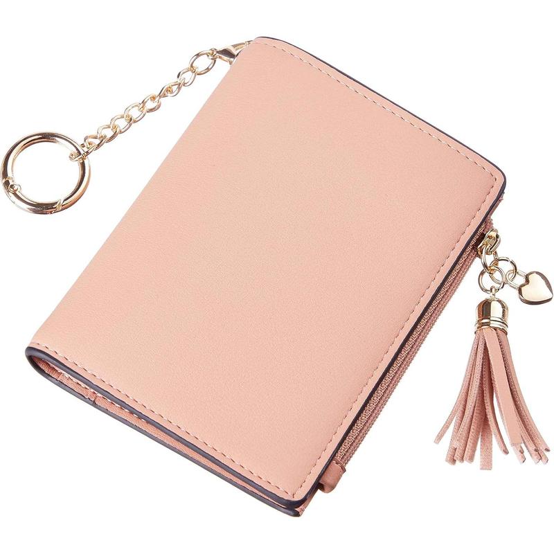 Small Wallet Women RFID Blocking Leather Credit Card Wallet with ID Window and Zippered Coin Pocket Tassel Cute Wallet