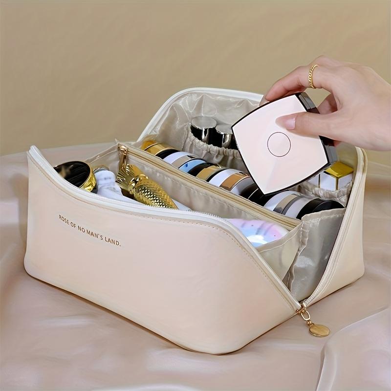 Travel Makeup Bag, Large Capacity Cosmetic Bags For Women, Waterproof Portable Pouch Open Flat Toiletry Bag Make Up Organizer With Divider And Handle
